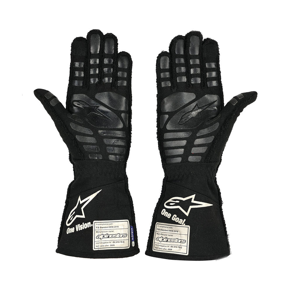 Pair of black Esteban Ocon 2021 F1 racing gloves with brand logo on a white background