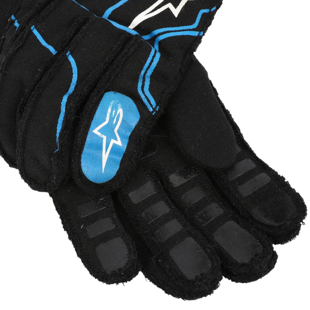 Black Esteban Ocon 2021 F1 racing glove with blue accents and a logo on a white background