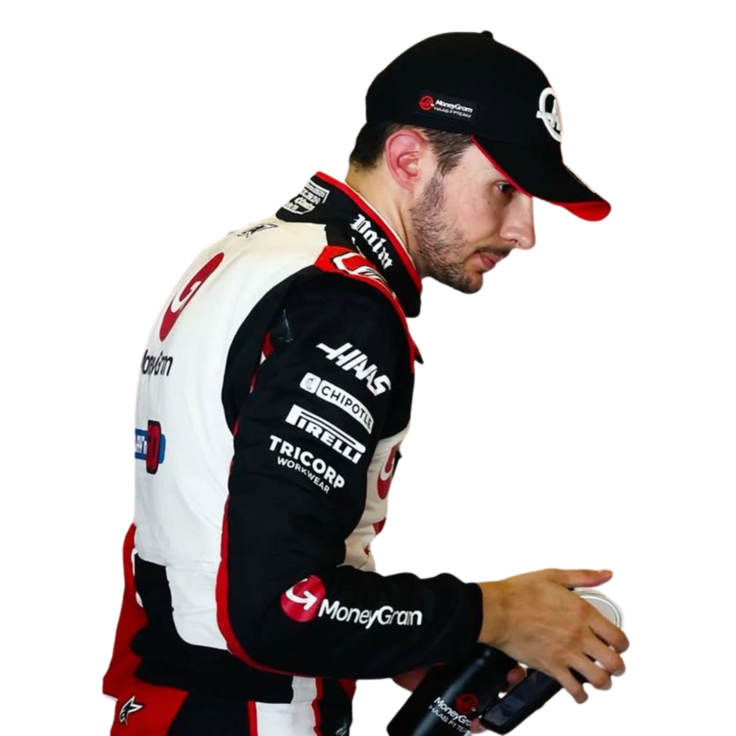 Esteban Ocon Side profile wearing a racing suit with various sponsor logos on a white background