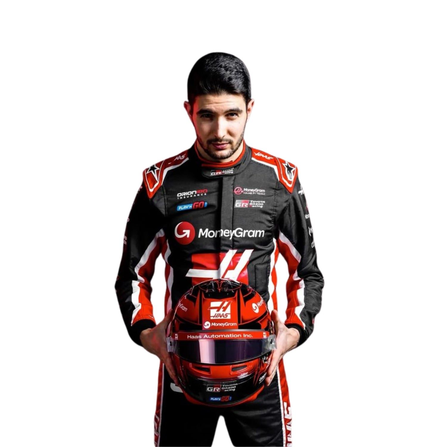 Esteban Ocon 2025 Haas F1 Racing Suit Detail View, Haas Logo with Embroidered Sponsor Patches