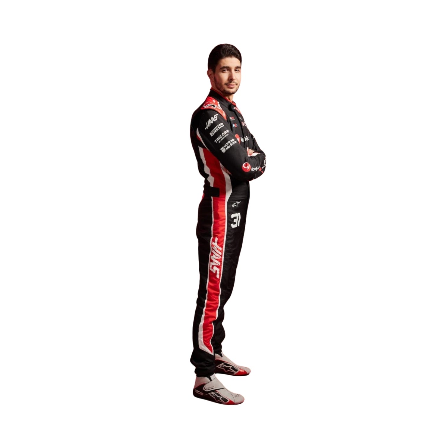 Esteban Ocon 2025 Haas F1 Racing Suit Side View, Sleek White and Red Design, Sponsor Logos on Arm