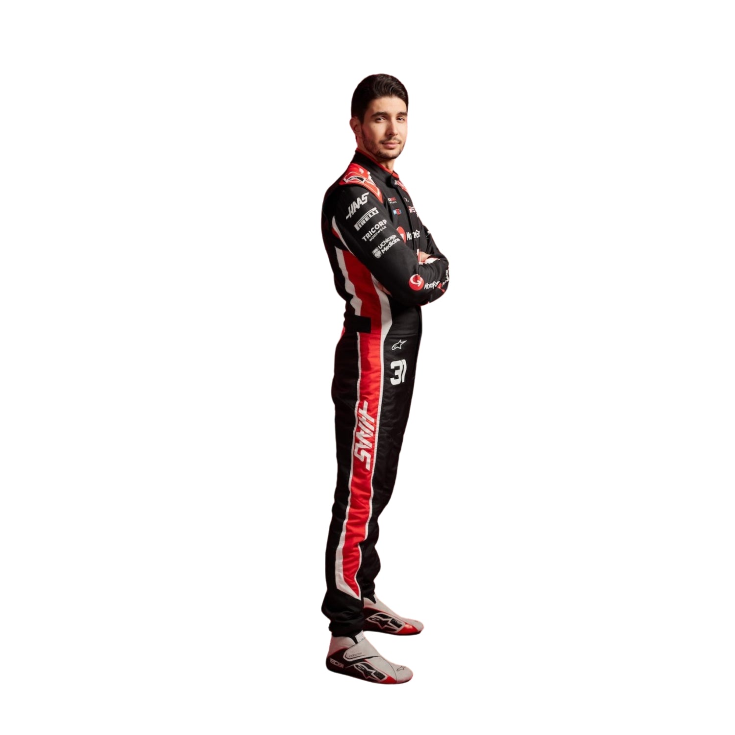 Esteban Ocon 2025 Haas F1 Racing Suit Side View, Sleek White and Red Design, Sponsor Logos on Arm