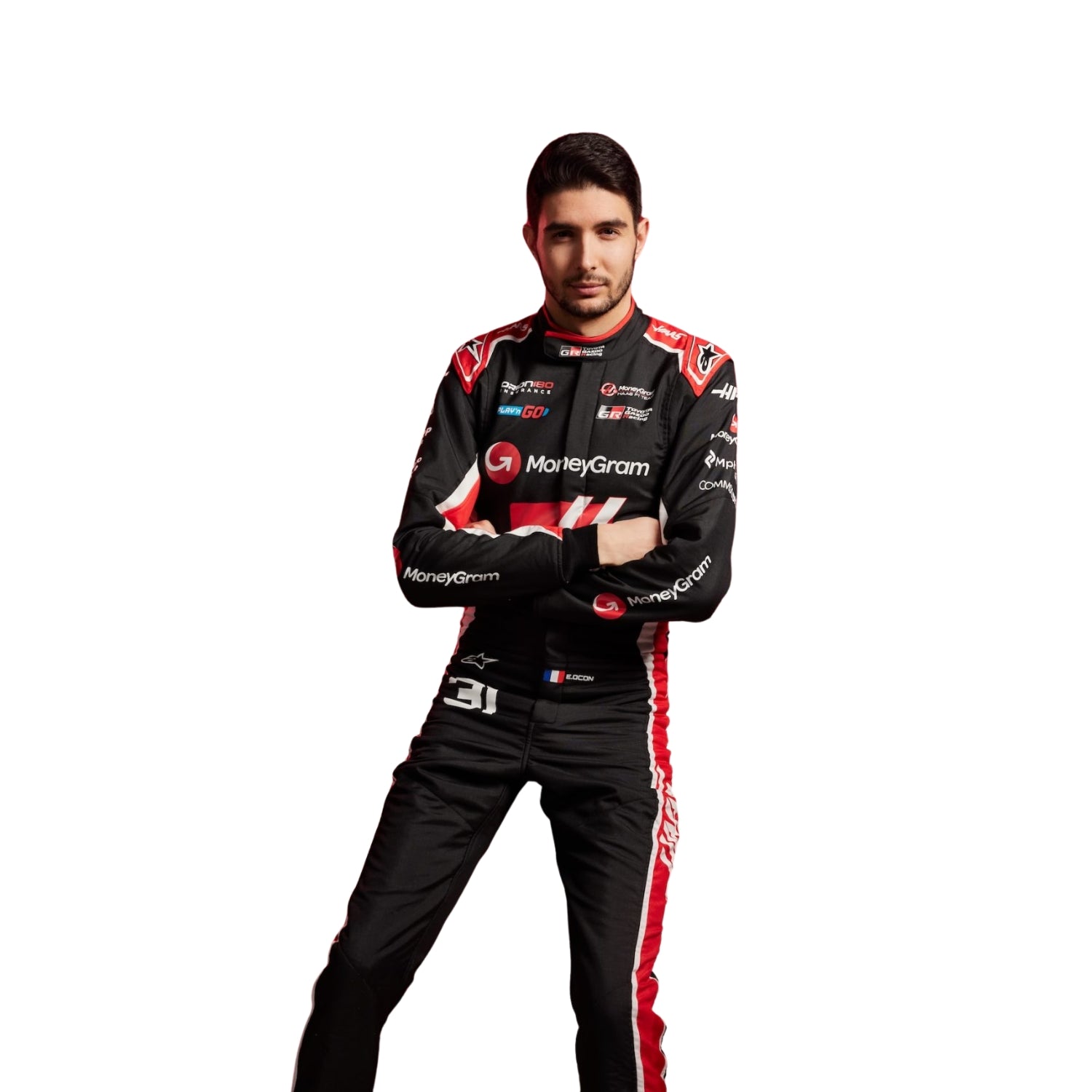 Esteban Ocon 2025 Haas F1 Racing Suit Detail View, Haas Logo with Embroidered Sponsor Patches