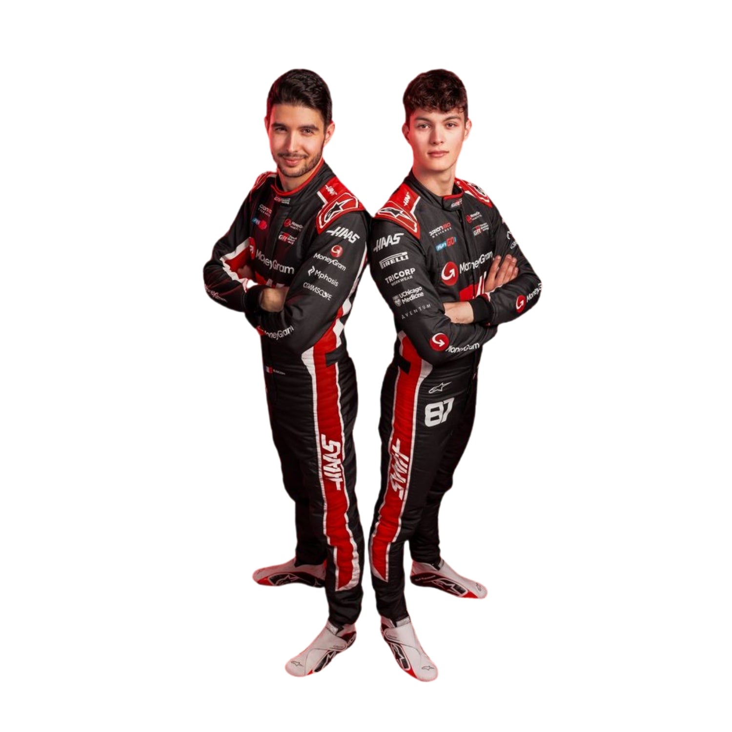 Esteban Ocon and Oliver Bearman standing side by side in their 2025 racing suits, showcasing the team's design and unity.
