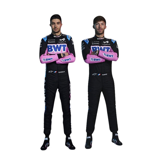 Front view of Esteban Ocon's and Pierre Gasly 2024 F1 racing suit in black with pink and blue accents, showcasing a modern design with sponsor logos.