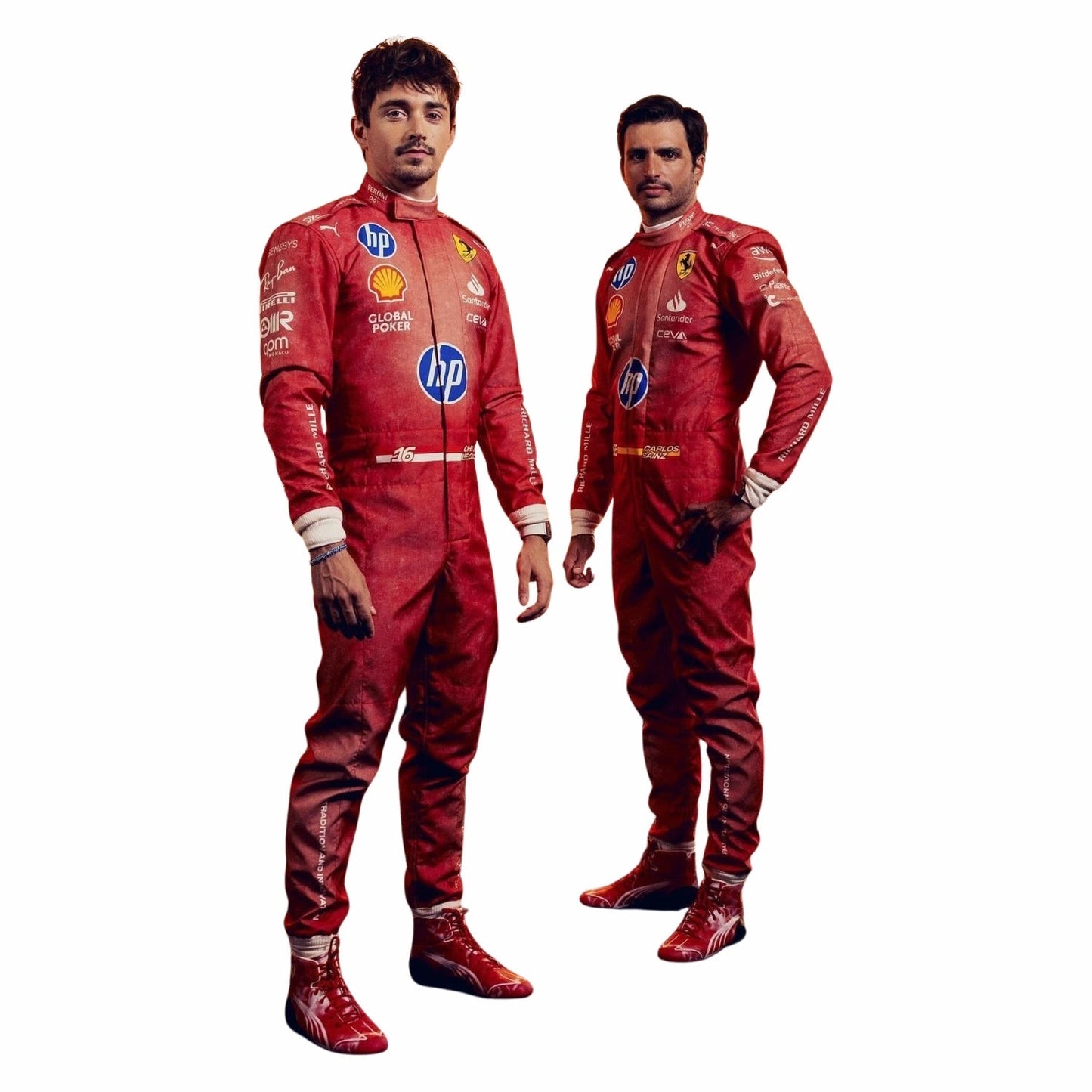 Charles Leclerc and Carlos Sainz Jr., wearing 2024 Ferrari red Las Vegas GP F1 racing suits with various logos on a white background