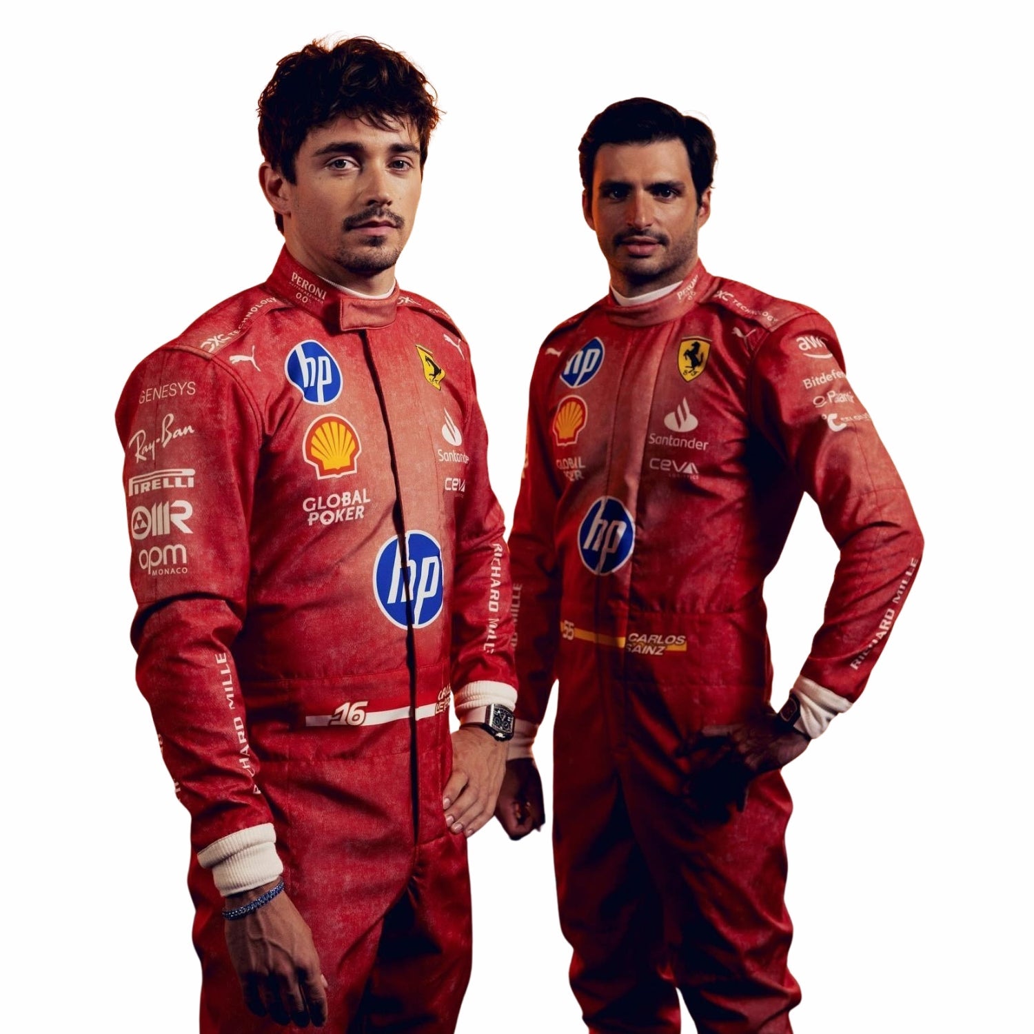 Charles Leclerc and Carlos Sainz Jr. in 2024 Ferrari red Las Vegas GP F1 racing suits with various sponsor logos on a white background