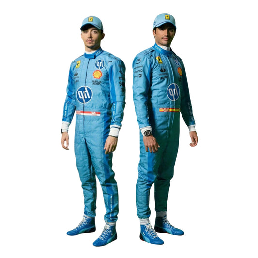 Front View of Charles Leclerc's and Carlos Sainz 2024 Miami GP racing suit, designed in blue with yellow accents for a high-performance look.