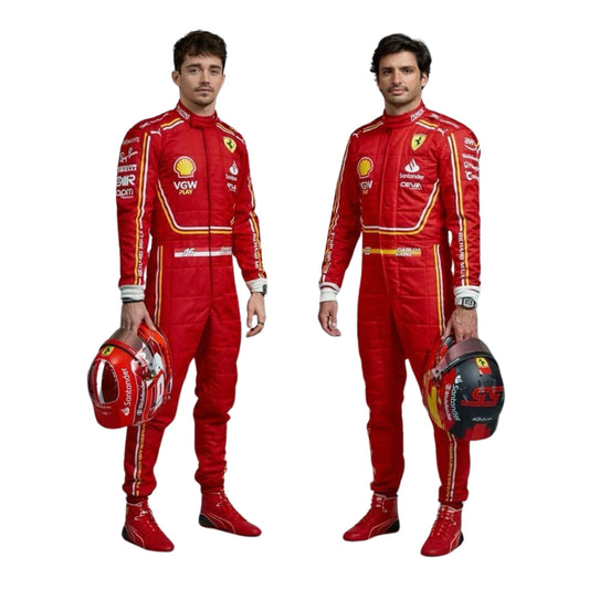 Front view of the 2024 F1 racing costume worn by Charles Leclerc and Carlos Sainz Jr., featuring a signature red base with black and yellow details, sculpted panels, and aerodynamic sponsor placement.
