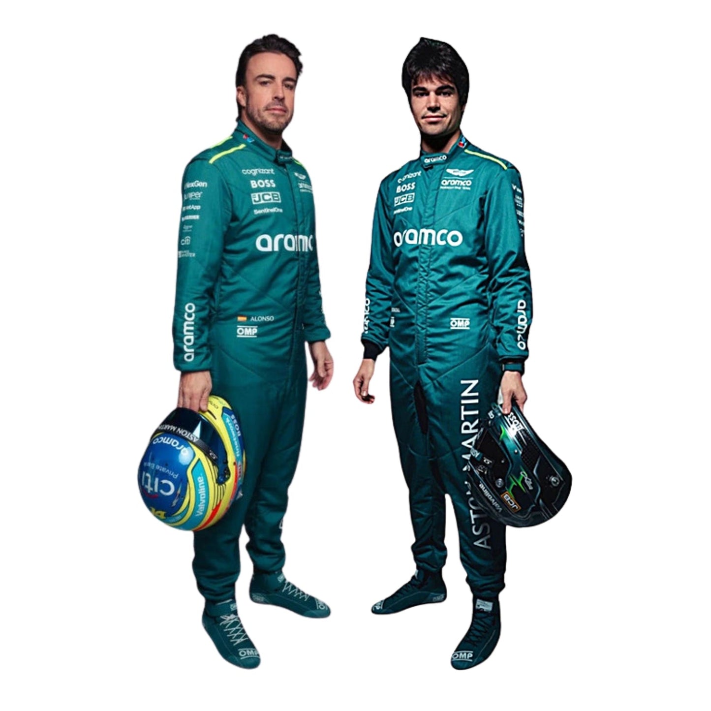 Front view of 2024 F1 racing costume in dark green and silver accents, worn by Fernando Alonso and Lance Stroll, showcasing their race numbers and team spirit.