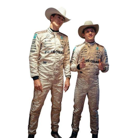 George Russell and Kimi Andrea Antonelli 2025 USA Austin GP inspired by the Mojave Desert F1 racing suits front view with blue accents