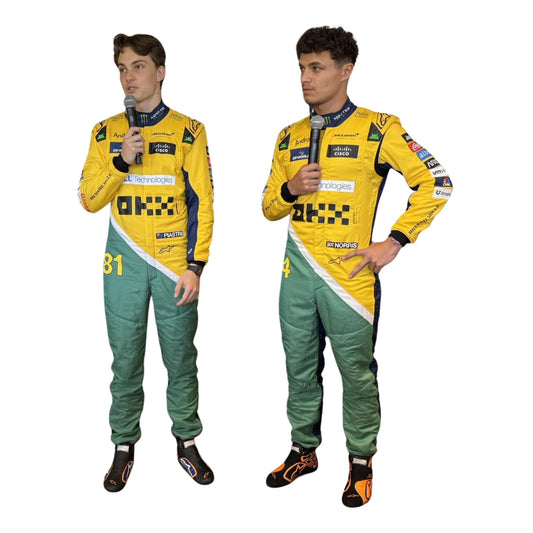 Lando Norris and Oscar Piastri standing confidently in his 2024 Monaco Grand Prix racing suit, front view showcasing a vibrant design with yellow, green, and blue hues