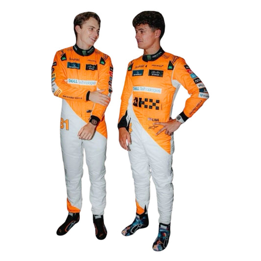 Lando Norris and Oscar Piastri 2024 Singapore GP papaya orange F1 racing suits front view with white accents