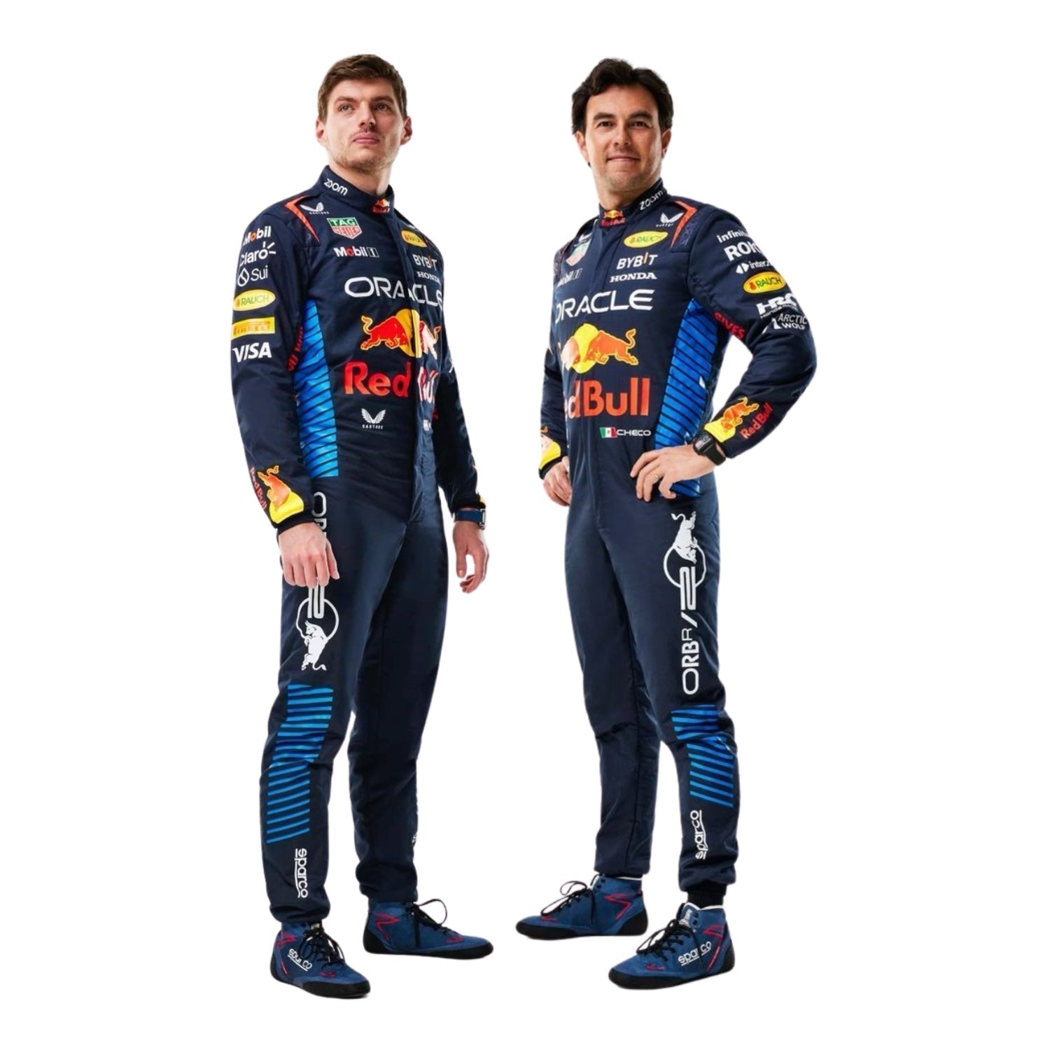 Front view of 2024 F1 racing costume in dark blue, red, and yellow tones worn by Max Verstappen and Sergio Pérez – featuring race number details
