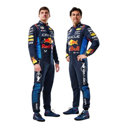 Front view of 2024 F1 racing costume in dark blue, red, and yellow tones worn by Max Verstappen and Sergio Pérez – featuring race number details