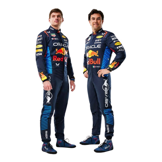 Front view of 2024 F1 racing costume in dark blue, red, and yellow tones worn by Max Verstappen and Sergio Pérez – featuring race number details