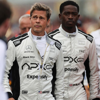 Detailed close-up of the 2025 F1 The Movie racing suit fabric, stitching, and logos for authentic racing style.