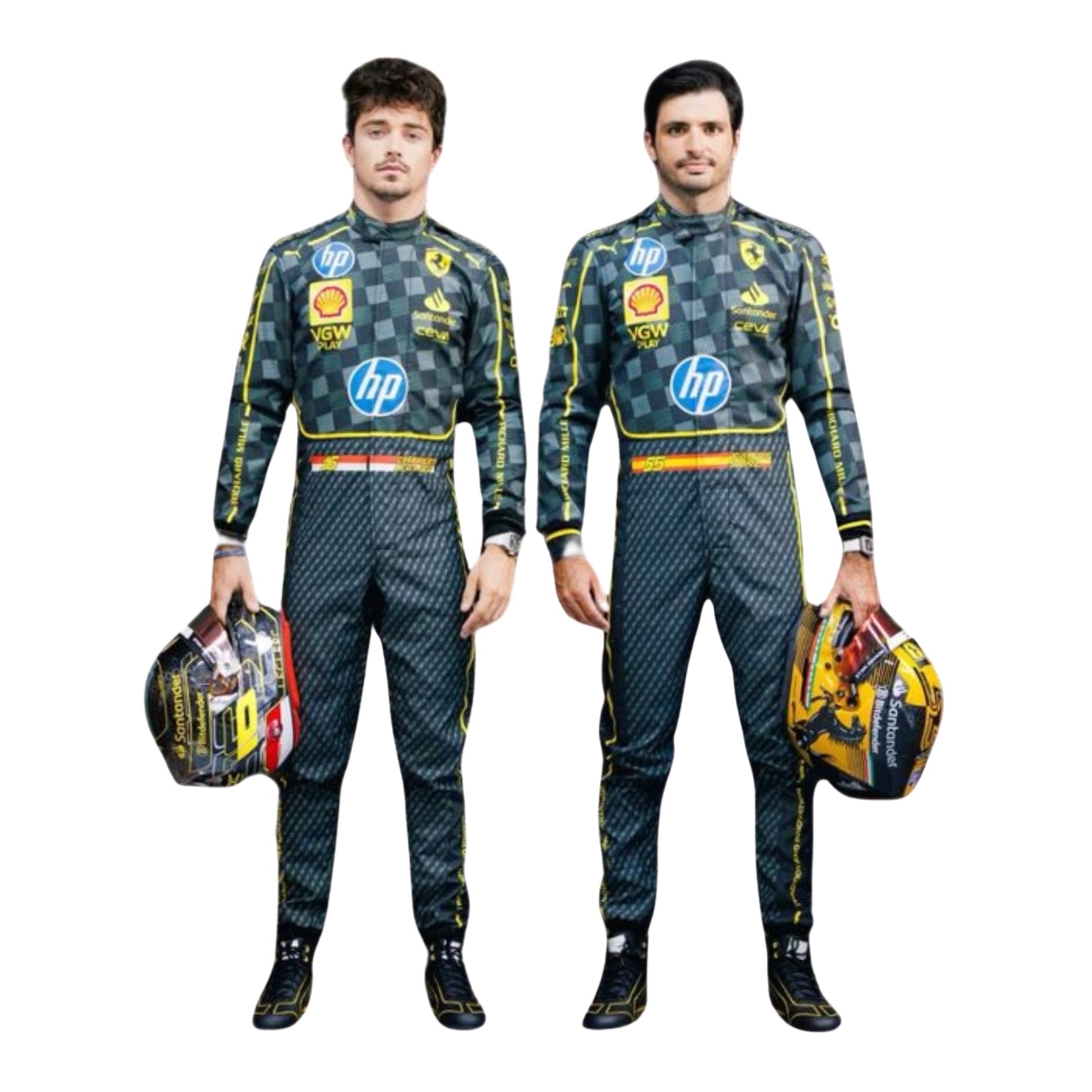 Front view of the 2024 HP Italy GP F1 racing costume charcol black worn by Charles Leclerc and Carlos Sainz Jr., showcasing race numbers.