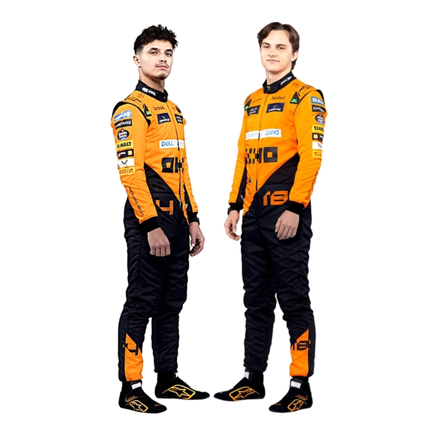 Front view of 2024 F1 racing costume in papaya orange with blue detailing, worn by Lando Norris and Oscar Piastri – featuring their race numbers.