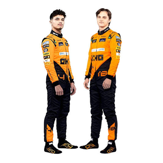 Front view of 2024 F1 racing costume in papaya orange with blue detailing, worn by Lando Norris and Oscar Piastri – featuring their race numbers.
