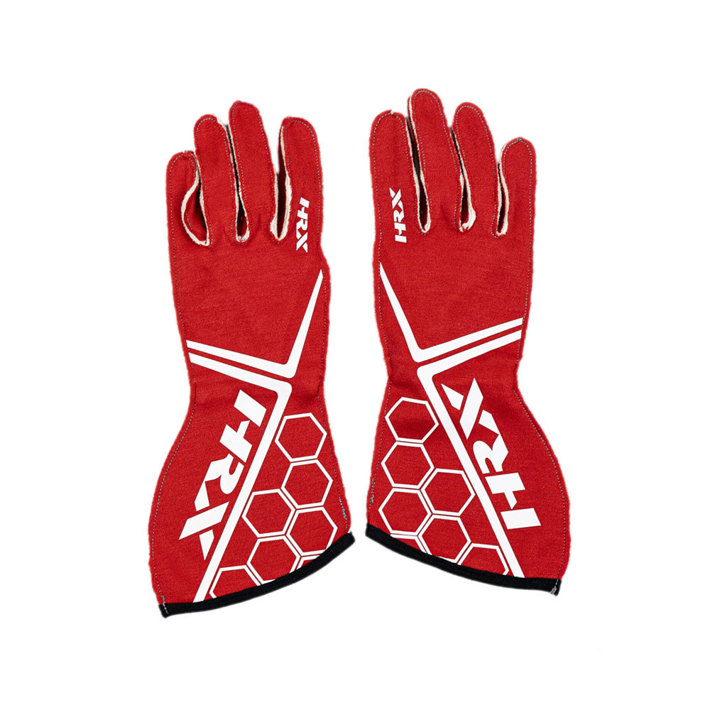 Red racing gloves with white hexagonal pattern and 'HRX' branding on a white background