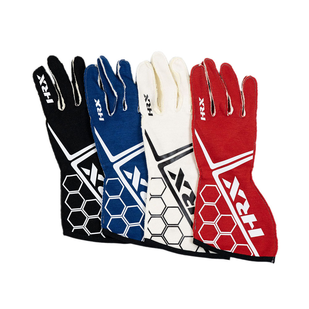 Four HRX Racing gloves in black, blue, white, and red with 'HRX' branding on a white background