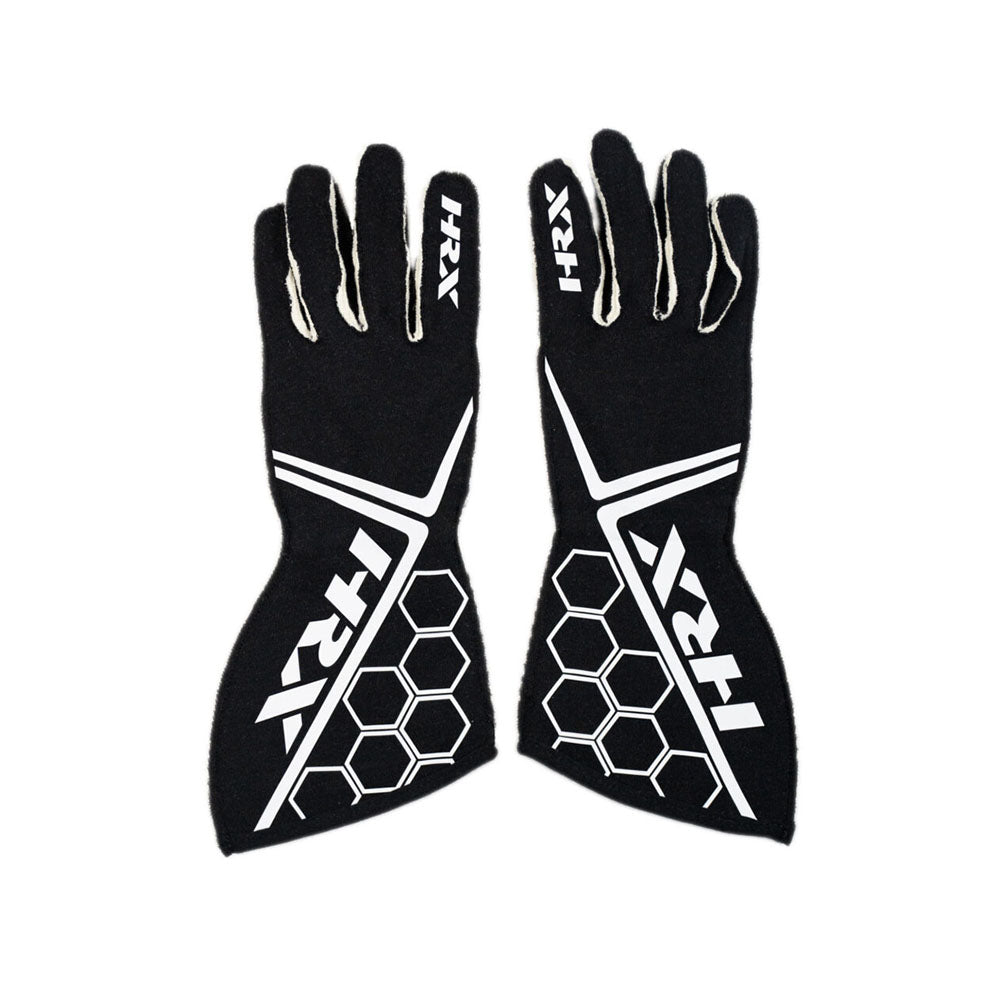 Black HRX Racing gloves with white branding and hexagonal pattern on a white background