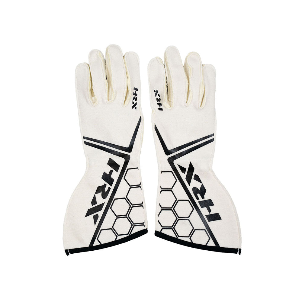 White HRX Racing gloves with black hexagonal pattern and branding on a white background