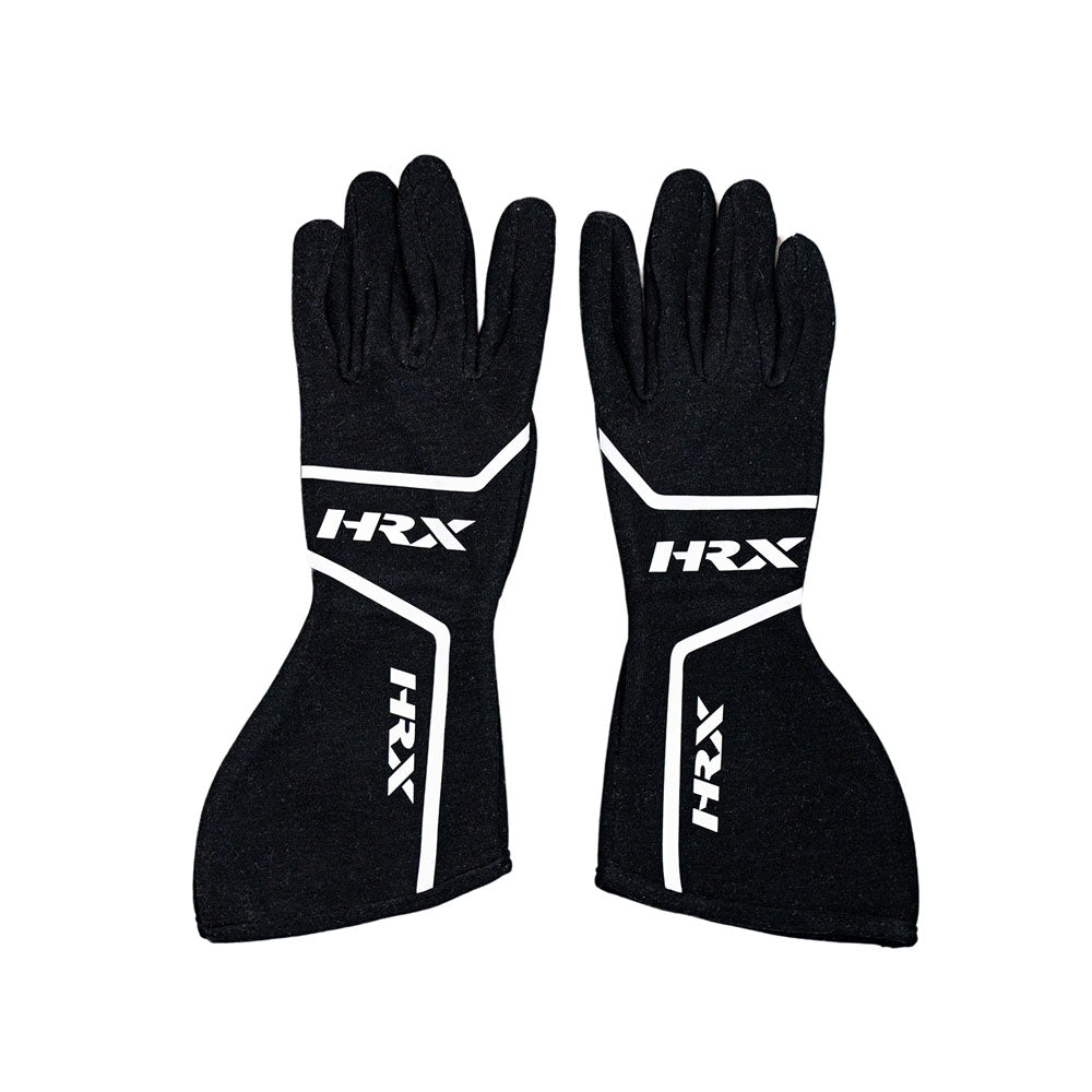 Pair of black gloves with HRX branding on a white background