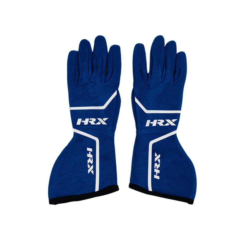 Pair of blue gloves with 'HRX' branding on a white background