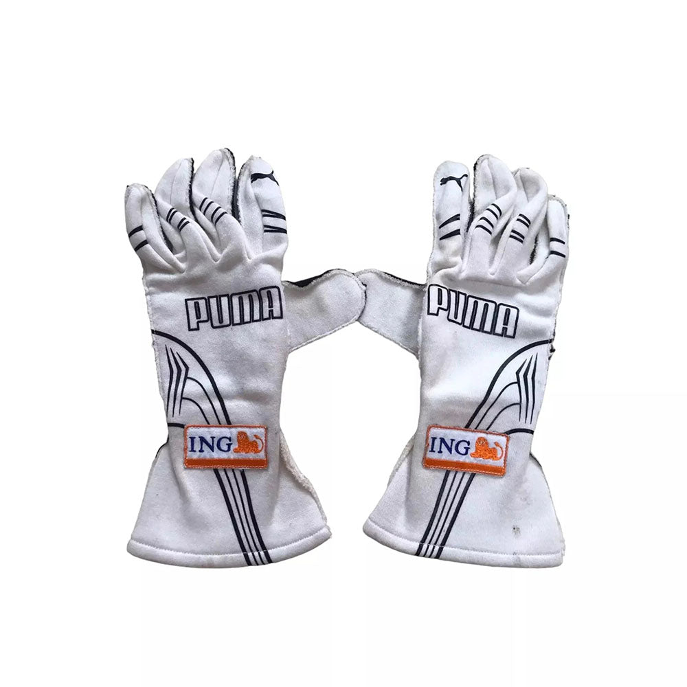 Pair of white Fernando Alonso 2009 F1 Racing racing gloves with Puma and ING logos on a white background