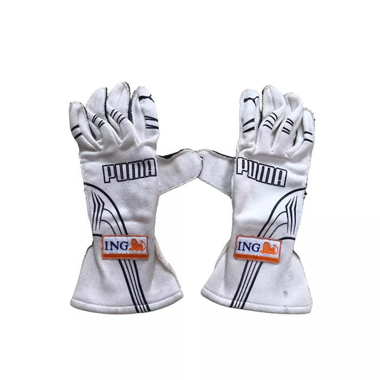 Pair of white Fernando Alonso 2009 F1 Racing racing gloves with Puma and ING logos on a white background