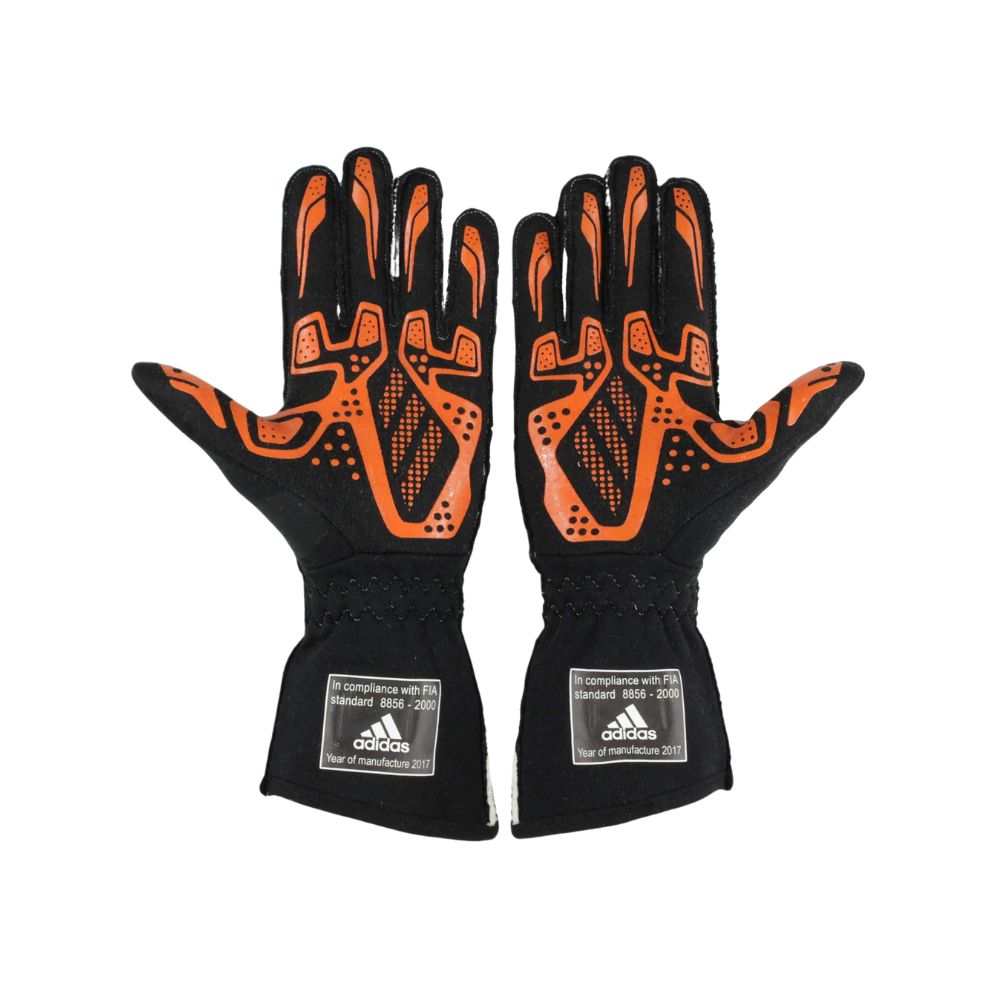 Black and orange Fernando Alonso 2017 F1 Racing gloves with Adidas branding on a white background