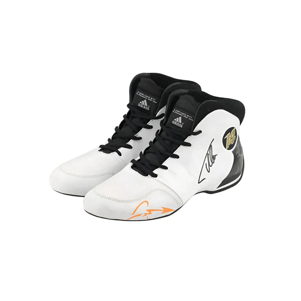 White and black Fernando Alonso 2017 Adidas F1 Racing Shoes with orange accents on a white background
