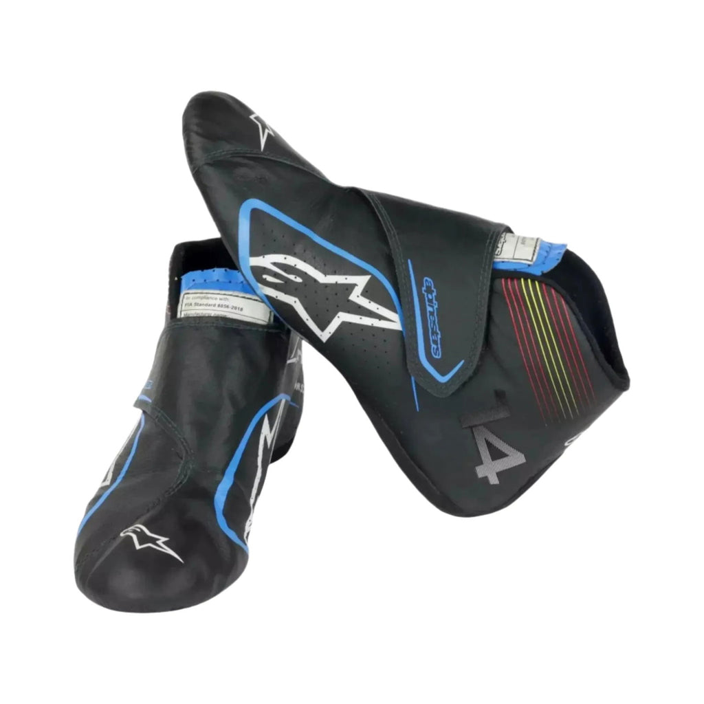 Black Fernando Alonso 2021 F1 Racing shoes with blue accents on a white background