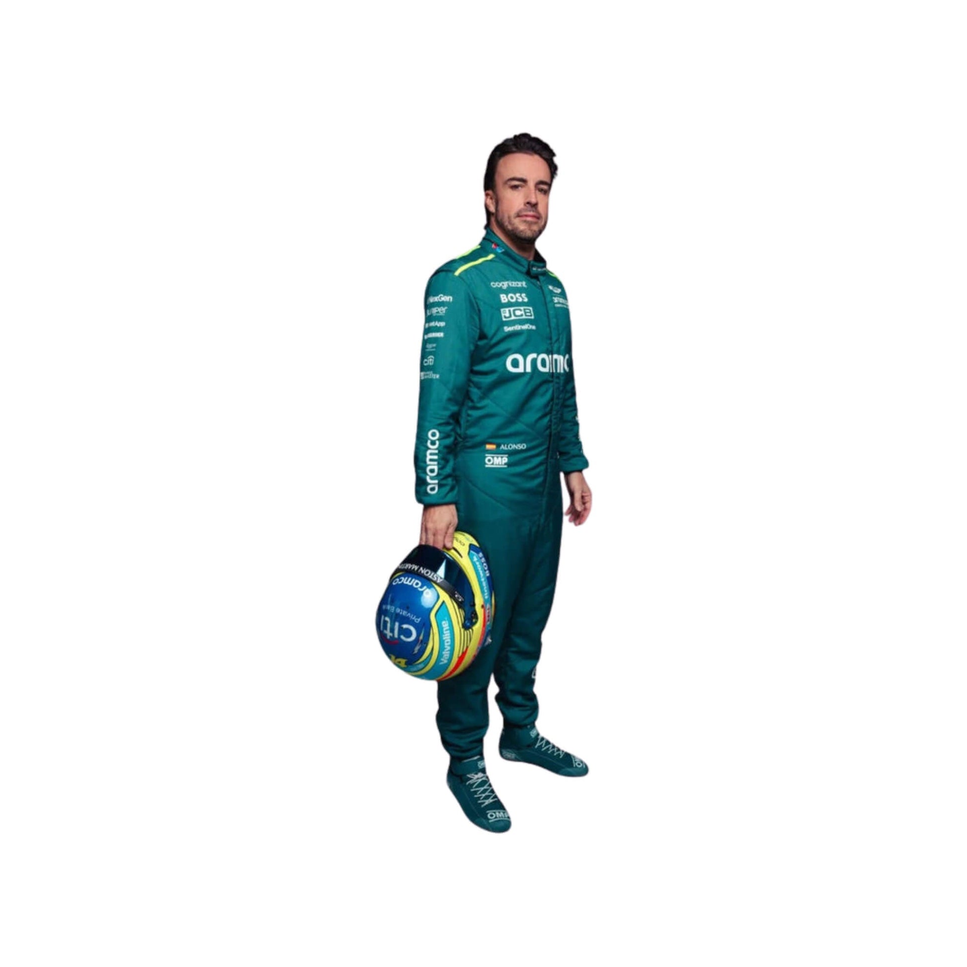 Side profile of Fernando Alonso in his 2024 Formula 1 racing suit, displaying the ergonomic fit and the interplay of green and black fabrics, enhanced by sleek silver accents along the side seams