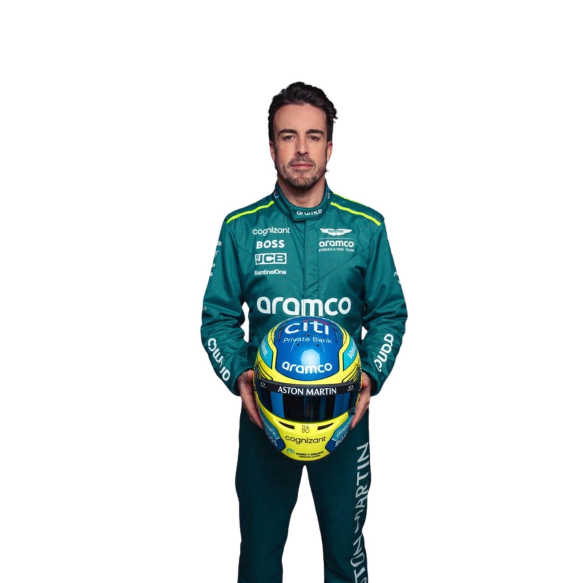 Fernando Alonso standing confidently in his 2024 Formula 1 racing suit, front view holding helmet ta deep green base with contrasting black panels and subtle silver detailing along the chest and arms.