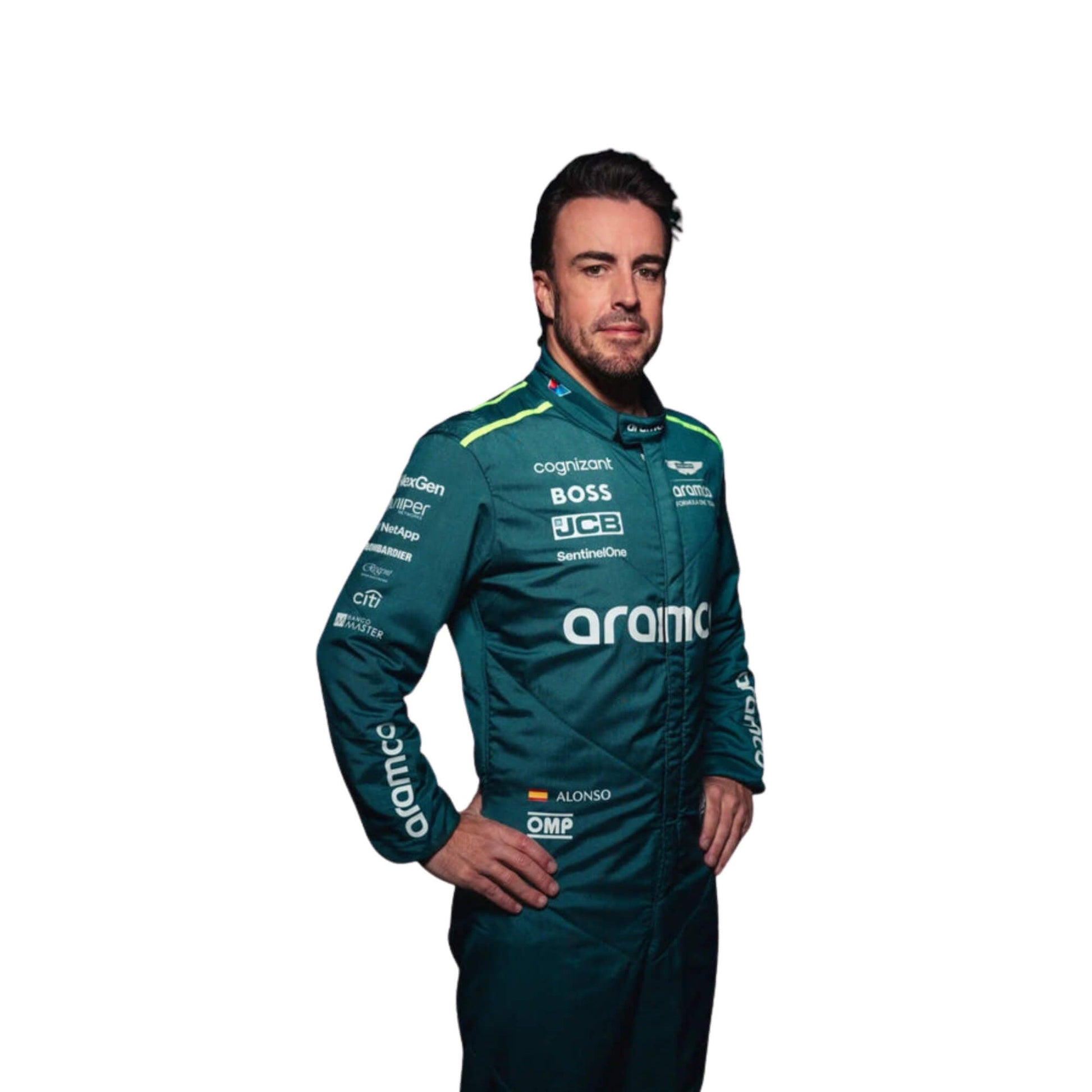 Fernando Alonso captured mid-action wearing his 2024 Formula 1 racing suit