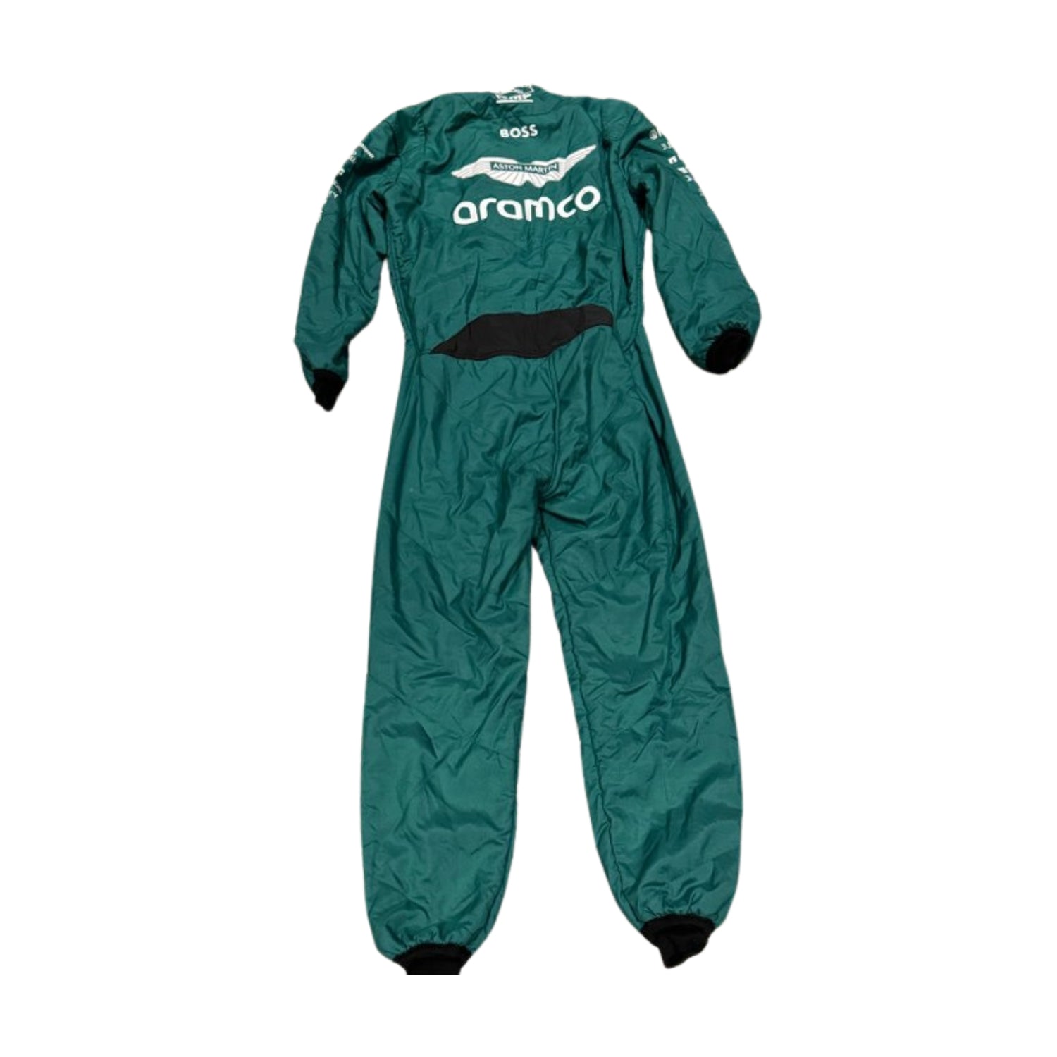 back view of Fernando Alonso's 2024 Formula 1 racing suit, highlighting the streamlined design with a predominantly green color scheme, complemented by black sections and minimalistic silver highlights