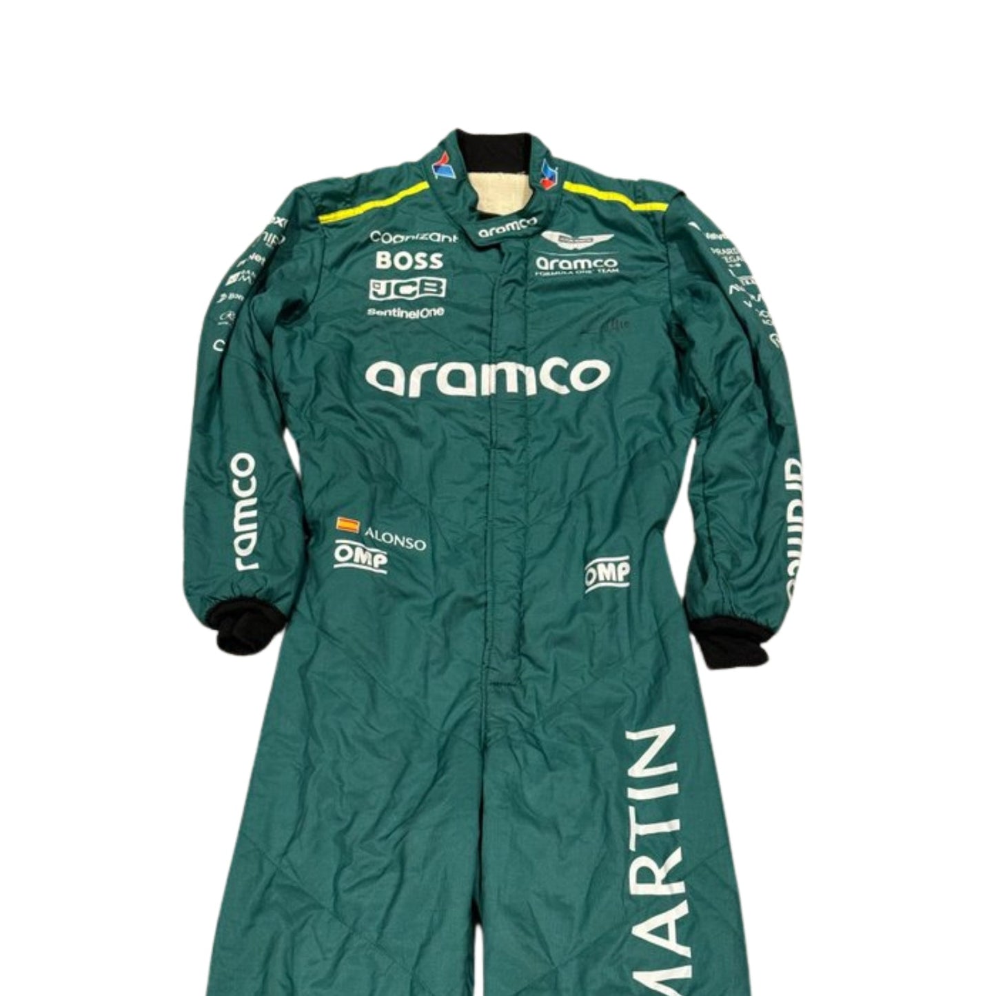 Close-up Front view of Fernando Alonso's 2024 Formula 1 racing suit material, illustrating the high-quality fabric texture