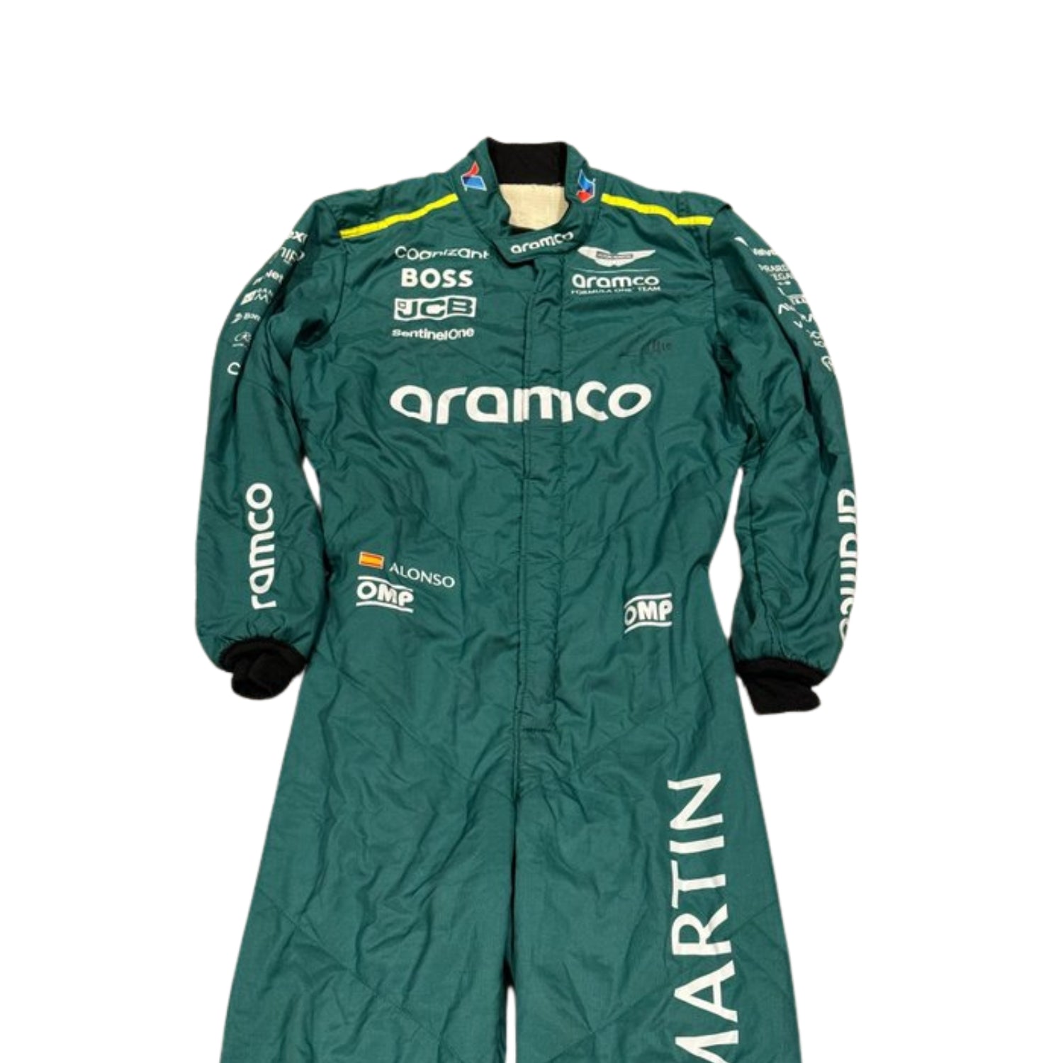 Close-up Front view of Fernando Alonso's 2024 Formula 1 racing suit material, illustrating the high-quality fabric texture
