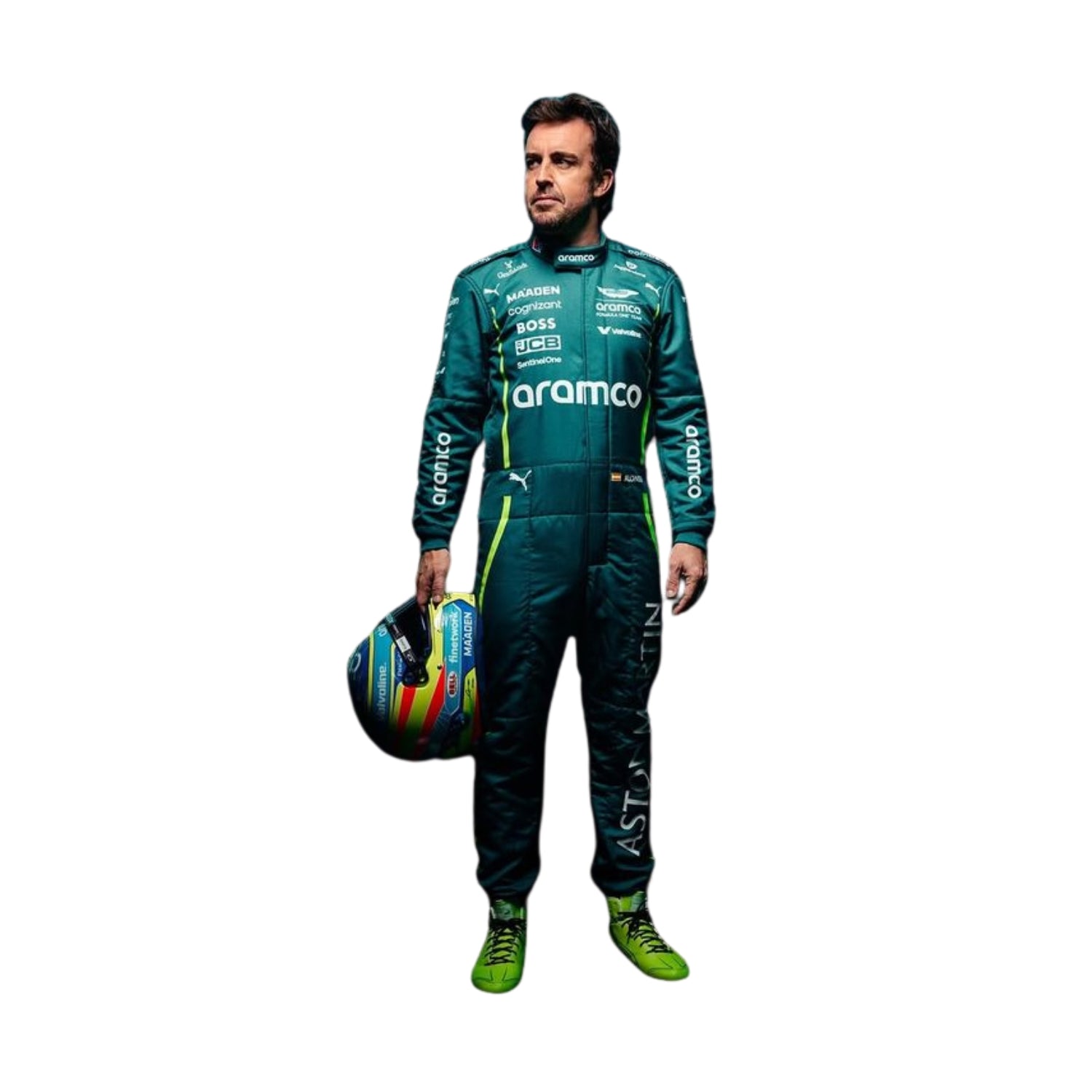 Fernando Alonso standing confidently in his 2025 Formula 1 racing suit, front view showcasing a sleek dark green design with subtle black accents, featuring his race number 14 prominently displayed