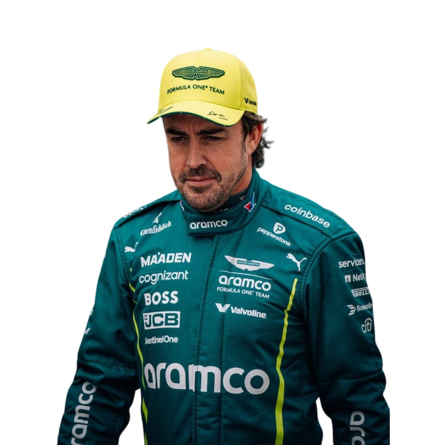 Close-up of Fernando Alonso's 2025 Formula 1 racing suit material, illustrating the high-quality fabric texture 