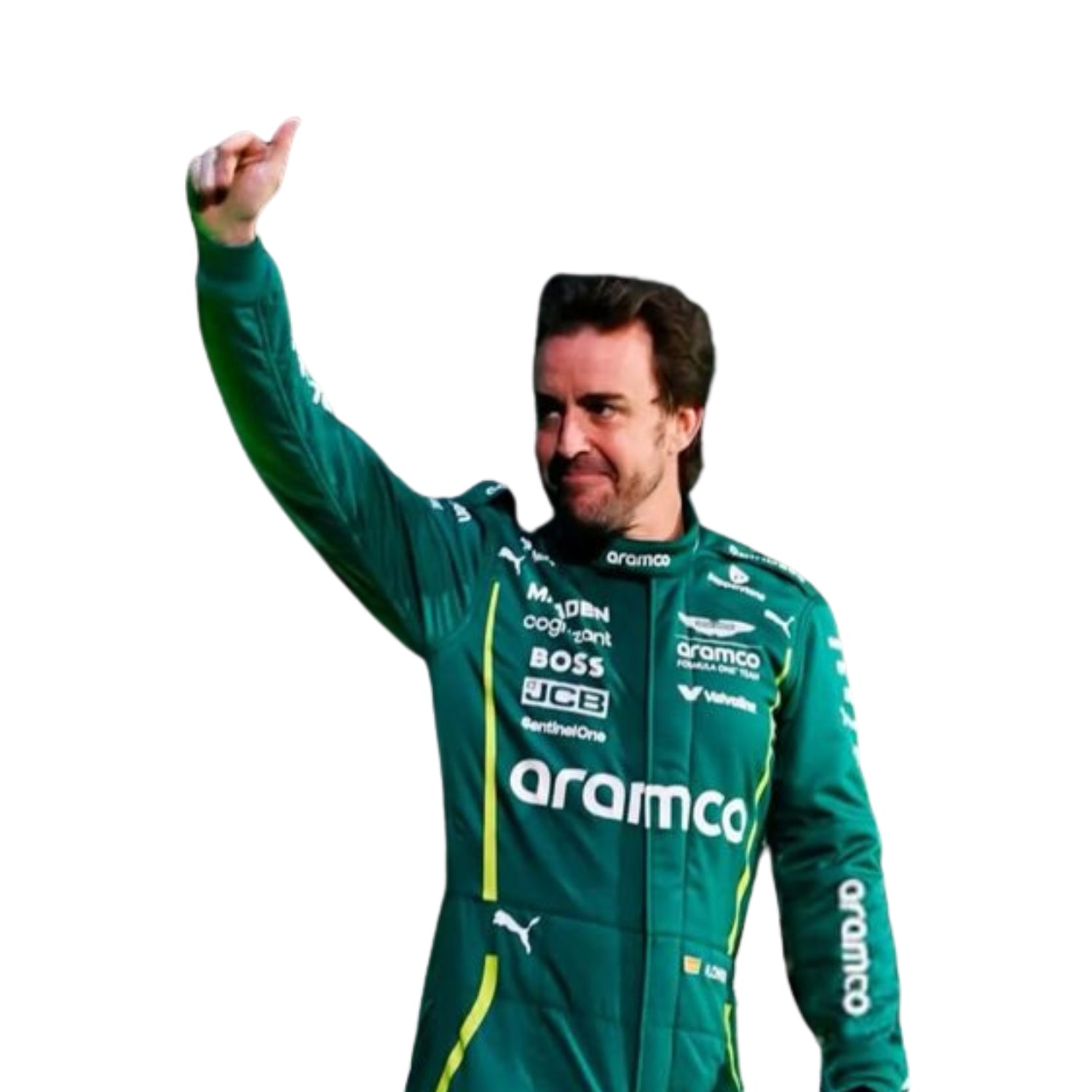 de profile of Fernando Alonso in his 2025 Formula 1 racing suit, displaying the ergonomic fit and the interplay of dark green and black fabrics