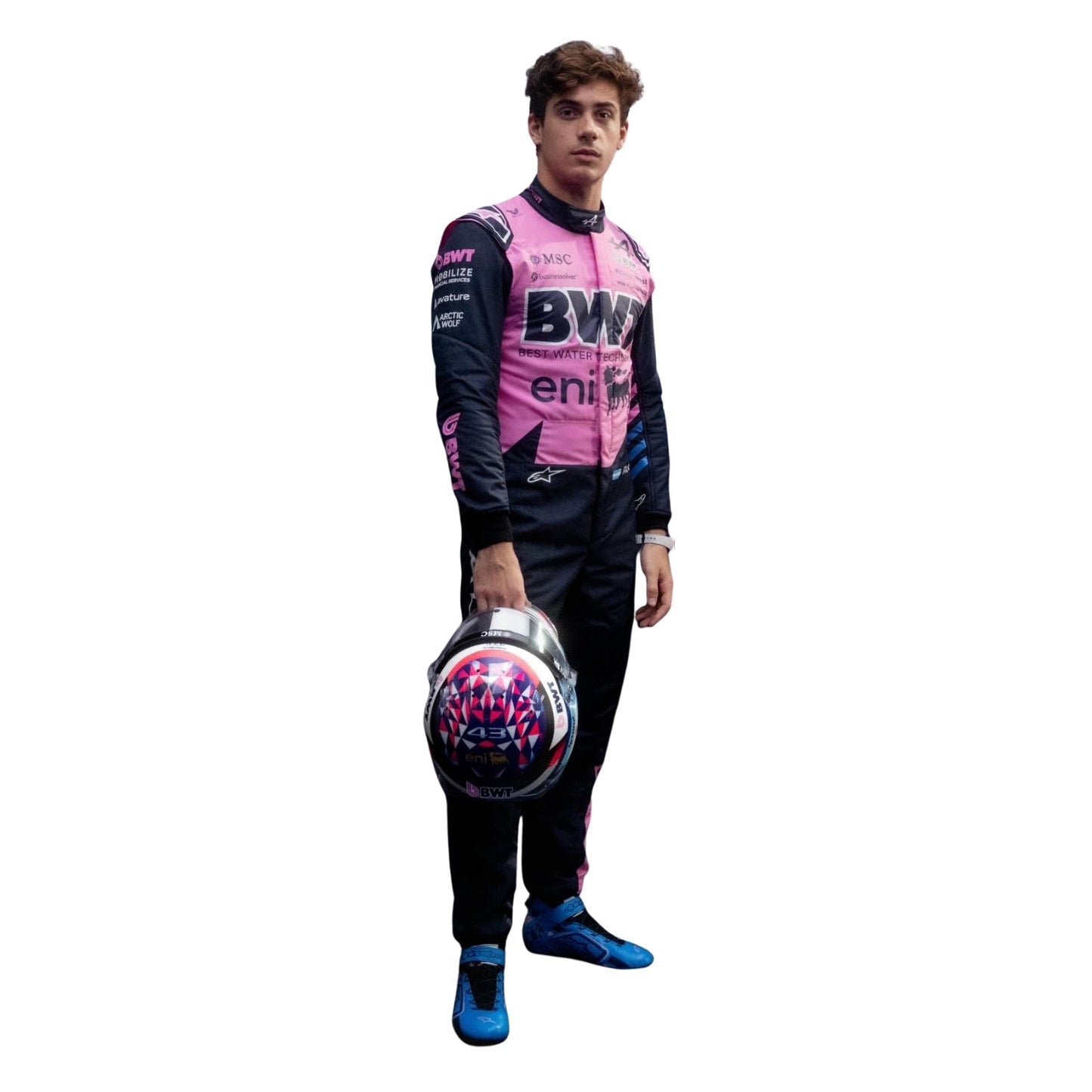 Franco Colapinto wearing 2026 F1 Racing Suit holding helmet