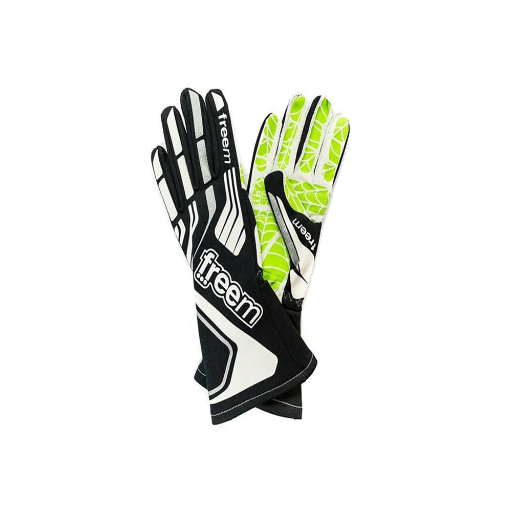 Pair of black and green Freem Spider Touch 2 Racing gloves with 'freem' branding on a white background