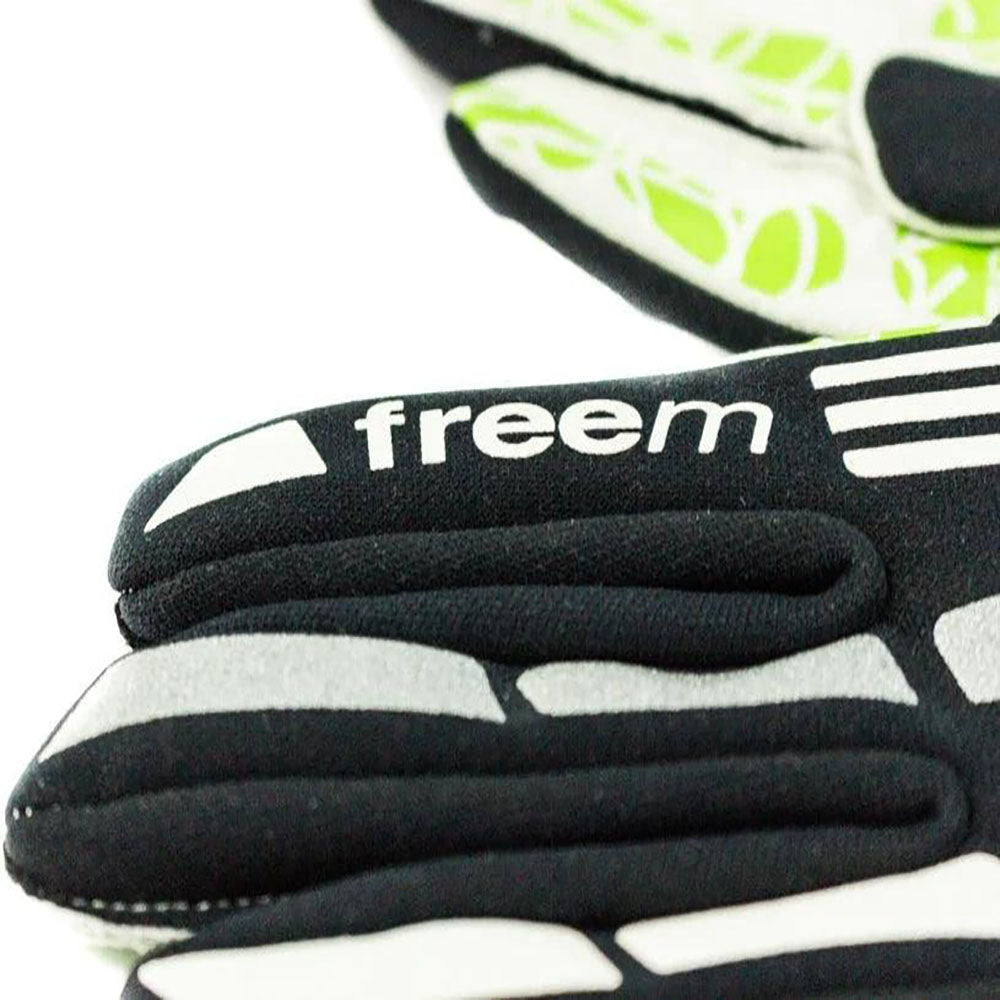 Close-up of a Freem Spider Touch 2 racing glove with 'freem' branding on a white background
