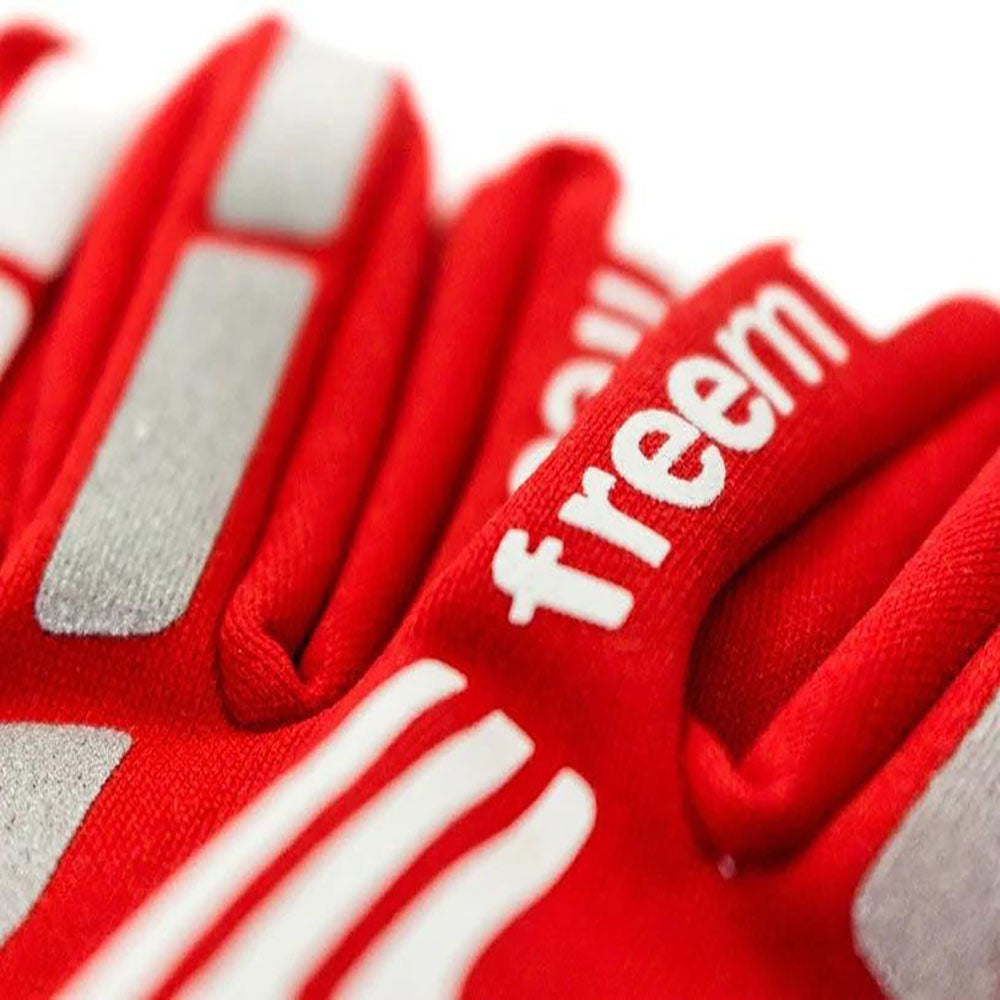 Red and gray Freem Spider Touch 2 racing gloves with 'freem' branding on a white background