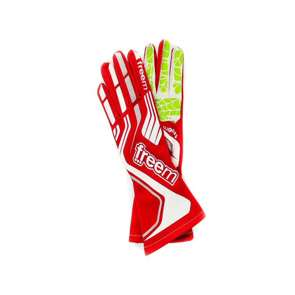 Red and white Freem Spider Touch 2 racing gloves with green accents on a white background