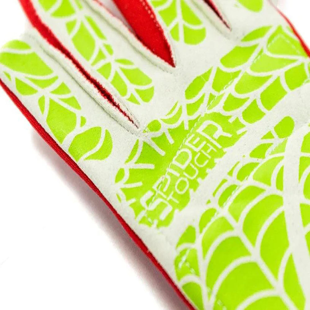 Close-up of a Freem Spider Touch 2 racing glove with green spider web pattern and red accents